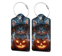 Nimbisense Fall Pumpkin Cat Print Leather Luggage Tags with Privacy Cover Name Id Label Identifiers Travel Bag Tags for Women Men