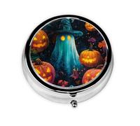 Nimbisense Halloween Pumpkins Print Pill Box, Small Pill Organizer with 3 Compartments, Cute Round Portable Travel Metal Pill Case for Pocket Or Purse