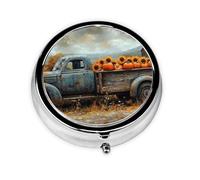 Nimbisense Harvest Blue Truck Print Pill Box, Small Pill Organizer with 3 Compartments, Cute Round Portable Travel Metal Pill Case for Pocket Or Purse