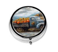 Nimbisense Harvest Blue Truck Print Pill Box, Small Pill Organizer with 3 Compartments, Cute Round Portable Travel Metal Pill Case for Pocket Or Purse