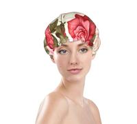 Nimbisense Pink Red Roses Floral Print Shower Cap For Women, Reusable, Double Layers Waterproof Bathing Shower Hat With Soft Comfortable Peva Lining, For Long Hair And Braids