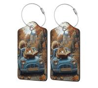 Nimbisense Reading Squirrels Print Leather Luggage Tags with Privacy Cover Name Id Label Identifiers Travel Bag Tags for Women Men
