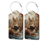 Nimbisense Reading Squirrels Print Leather Luggage Tags with Privacy Cover Name Id Label Identifiers Travel Bag Tags for Women Men