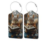 Nimbisense Reading Squirrels Print Leather Luggage Tags with Privacy Cover Name Id Label Identifiers Travel Bag Tags for Women Men