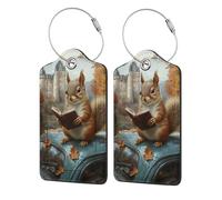 Nimbisense Reading Squirrels Print Leather Luggage Tags with Privacy Cover Name Id Label Identifiers Travel Bag Tags for Women Men