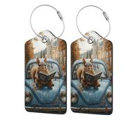 Nimbisense Reading Squirrels Print Leather Luggage Tags with Privacy Cover Name Id Label Identifiers Travel Bag Tags for Women Men