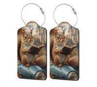 Nimbisense Reading Squirrels Print Leather Luggage Tags with Privacy Cover Name Id Label Identifiers Travel Bag Tags for Women Men