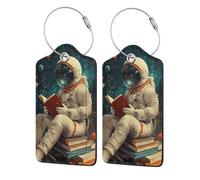 Nimbisense Space Reading Astronaut Print Leather Luggage Tags with Privacy Cover Name Id Label Identifiers Travel Bag Tags for Women Men