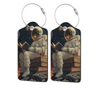 Nimbisense Space Reading Astronaut Print Leather Luggage Tags with Privacy Cover Name Id Label Identifiers Travel Bag Tags for Women Men