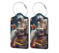 Nimbisense Space Reading Astronaut Print Leather Luggage Tags with Privacy Cover Name Id Label Identifiers Travel Bag Tags for Women Men
