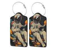 Nimbisense Space Reading Astronaut Print Leather Luggage Tags with Privacy Cover Name Id Label Identifiers Travel Bag Tags for Women Men