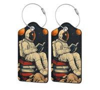 Nimbisense Space Reading Astronaut Print Leather Luggage Tags with Privacy Cover Name Id Label Identifiers Travel Bag Tags for Women Men