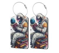 Nimbisense Space Reading Astronaut Print Leather Luggage Tags with Privacy Cover Name Id Label Identifiers Travel Bag Tags for Women Men