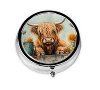 Nimbisense Sunflower Highland Cow Print Pill Box, Small Pill Organizer with 3 Compartments, Cute Round Portable Travel Metal Pill Case for Pocket Or Purse
