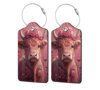 Nimbisense Valentines Highland Cow Print Leather Luggage Tags with Privacy Cover Name Id Label Identifiers Travel Bag Tags for Women Men