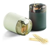 Nimedala Automatic Toothpick Dispenser, Pop Up Toothpick Dispenser with 200 Natural Wood Toothpicks for Teeth Cleaning (Green+Dark Green)