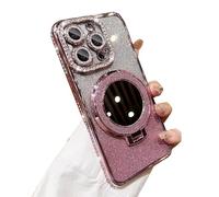 Nimedala Luxury Glitter Diamond Case with Mirror Magnetic Holder Stand for iPhone 16/15/14/13/12 Pro Max Plus, Anti-Drop Magnetic Bracket Case Cover with Invisible Ring Stand (for iPhone 15Plus,Pink)