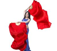 Nimiman Women 1 Pair (Left+Right) Silk Belly Dance Fans Veil Belly Dancing Long Folding Fans Length 180 cm Width 90 cm, Red, 180*90cm