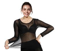Nimiman Women's Belly Dance Bodysuit with Long Sleeves Mesh Sheer Leotard Tops, Black Top, One Size