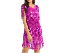 Nimiya Women Sequined Tassels Ballroom Samba Tango Latin Dance Dress Performance Costume Sparkling Party Dress Rose M