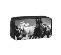 NImongt Black and White Horses Running Print Unisex Pen Case Large-Capacity Stationery Accessory Office Travel Organizer Pouch