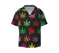 NImongt Colorful Cannabis Leaves Print Functionality Hawaiian Short Sleeve Shirt Classic Fashion Beach Vacation Casual Black