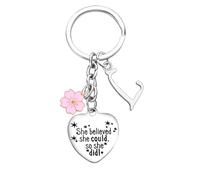 Nimteve Inspirational Gift Initial Keychain For Women Friends Keyrings With Pink Flower 26 Letter Alphabet Keychain For Her Graduation Christmas Birthday Gifts for Daughter Sister (L)