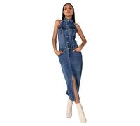 Nina Carter S537 Off Back Long Shirt Dress Stretch Split Denim Dress, Blue (S537), M