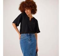 Nina Leonard Round Neck Notch Front Textured Wave Top BLACK EXTRA SMALL