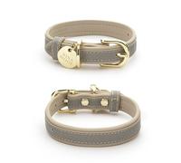 Nina Woof London Vegan Leather Dog Collar - Luxury Cute Dog Collar Adjustable Buckle Collar for Dogs, Dog Collar for Small Dogs to Dog Collar for Large Dogs - Padded Grey Over Beige, Small