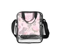 Ninainaid Pretty Pink Roses Transparent Lunch Bag with Print, Clear Food Box with Side Pockets & Strap for Work, School, Travel