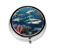 Ninainaid Sharks Under The sea Round Pill Box Portable for Pocket or Purse Organizer Pill Container Holder to Hold Vitamins, Medication, Fish Oil and Supplements