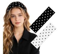 NINATY 2Pcs Polka Dot Headband for Women Black White Soft Fabric Elastic Headbands Non Slip Fashion Head Wraps Cute Head Bands Stretchy Yoga Workout Sport Sweatbands Vintage Headband Hair Accessories
