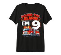 Nine 9yr 9th Birthday Fire Truck Firefighter 9 Year Old Boy Premium T-Shirt