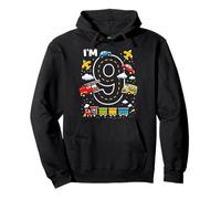 Nine 9yr 9th Birthday Vehicles Cars Planes Fire Truck Boys Pullover Hoodie