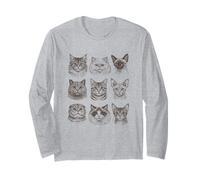 Nine Cat Faces Hand Drawn Sketch Art Feline Lover Long Sleeve T-Shirt