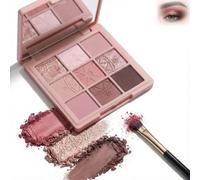 Nine-Color Eyeshadow Palette with Matte, Shimmer & Glitter Finishes - Featuring Warm Rosy, Brown, and Taupe Tones for Day to Night Makeup, Includes Mirror and Applicator Brush