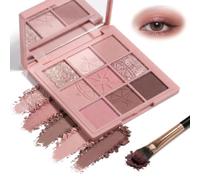 Nine-Colour Warm Rosy Brown Taupe Palette with Matte Shimmer Glitter Finishes - Complete Day to Night Eye Makeup Collection with Dual-Ended Applicator Brush for Makeup Enthusiasts