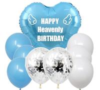 Nine Heavenly Balloons with String, Happy Heavenly Birthday Blue Balloon Heart-Shaped for Cemetery, Outdoors, Garden Yard, Memorial Grave Markers, Memorial Balloon, Bouquet Topper, Wreath Topper