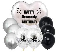 Nine Heavenly Balloons with String, Happy Heavenly Birthday Silver Balloon Heart-Shaped for Cemetery, Outdoors, Garden Yard, Memorial Grave Markers, Memorial Balloon, Bouquet Topper, Wreath Topper