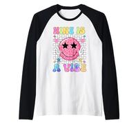 Nine is A Vibe Leopard 9th Bday Groovy Smile Face 9 Year Old Raglan Baseball Tee