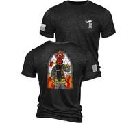 Nine Line Support Your Firefighters Stained Glass Unisex T-Shirt - Patriotic American Flag Dropline Logo On Sleeve, Charcoal Black, Large