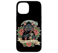 Nine Lives Club Grim Reaper Cat Retro Tattoo Dark Humor Case for iPhone 15