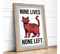 Nine Lives, None Left Retro Framed Wall Art Print A2 (59.4×42cm) Oak, Wall Decor for Living Room, Bedroom, Office & Home, Ready to Hang, Art Gift