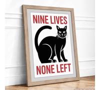 Nine Lives None Left Typography Framed Wall Art Print A4 (29.7×21cm) Oak, Wall Decor for Living Room, Bedroom, Office & Home, Ready to Hang, Art Gift