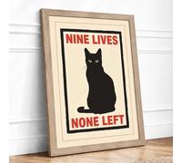 Nine Lives None Left Typography Framed Wall Art Print A4 Oak