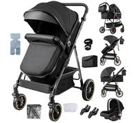 Nine point nine 3 in 1 Pushchair Pram Travel System, 3 in 1 Baby Stroller with One-Click Folding, Toddler Buggy Reversible Two Pushing Modes, Newborn Infant Carriage Aluminum Frame (V8 Black)
