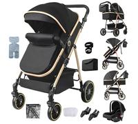 Nine point nine 3 in 1 Pushchair Pram Travel System, 3 in 1 Baby Stroller with One-Click Folding, Toddler Buggy Reversible Two Pushing Modes, Newborn Infant Carriage Aluminum Frame (V8 Black Gold)