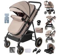 Nine point nine 3 in 1 Pushchair Pram Travel System, 3 in 1 Baby Stroller with One-Click Folding, Toddler Buggy Reversible Two Pushing Modes, Newborn Infant Carriage Aluminum Frame (V8 Khaki)