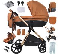 Nine point nine 3 in 1 Pushchair Pram Travel System, 3 in 1 Baby Stroller with One-Click Folding, Toddler Buggy Reversible Two Pushing Modes, Newborn Infant Carriage Aluminum Frame (V7 Caramel)